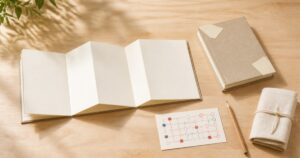 直書き用の蛇腹式御朱印帳と書き置き収納帳、参拝メモを机上で比較する様子